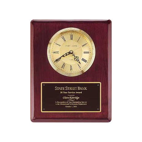 10 Year Service award Engraved On Piano Finish Rosewood Plaque With Clock
