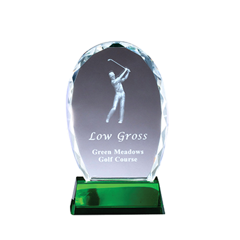 Low Gross Green Meadows Golf Course engraved on a clear award with green base golfer stands inside