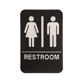 Black ADA Sign With A White Woman and Man On the bottom is written restroom