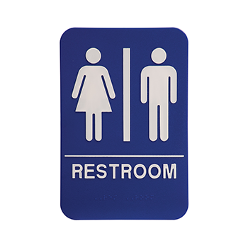 Blue ADA Sign With A White Woman and Man On the bottom is written restroom
