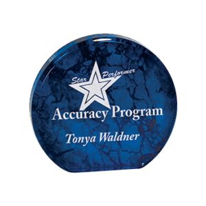 Accuracy Program Tonya Waldner Engraved on a Blue Aurora Acrylic Award