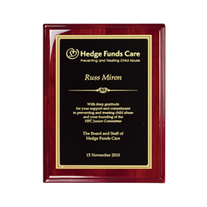 Hedge Funds Care Russ Miron Engraved On Rosewood Piano Finish Plaque