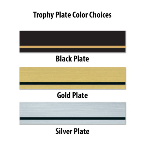 Trophy Plate Color Choices Black Plate with Gold Trim, Gold Plate with Black Trim and A silver Plate with Black Trim